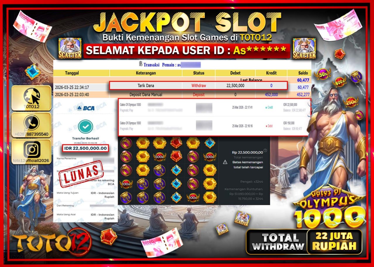 HANYA DI TOTO12 JP PASTI DI BAYAR LUNAS DAN CEPAT!!!!!! JACKPOT SLOT GAME (GATES OF OLYMPUS 1000) Rp.22.500.000!!!!