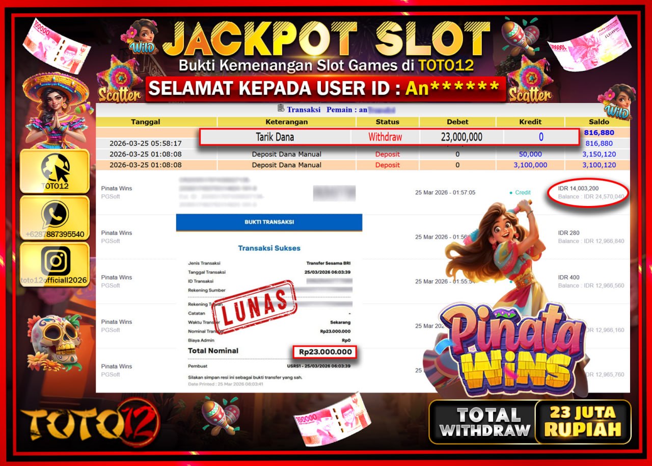 HANYA DI TOTO12 JP PASTI DI BAYAR LUNAS DAN CEPAT!!!!!! JACKPOT SLOT GAME (PINATA WINS) Rp.23.000.000!!!!