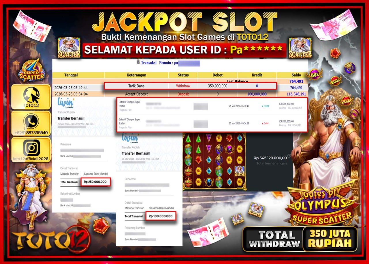 HANYA DI TOTO12 JP PASTI DI BAYAR LUNAS DAN CEPAT!!!!!! JACKPOT SLOT GAME (GATES OF OLYMPUS SUPER SCATTER) Rp.350.000.000!!!!