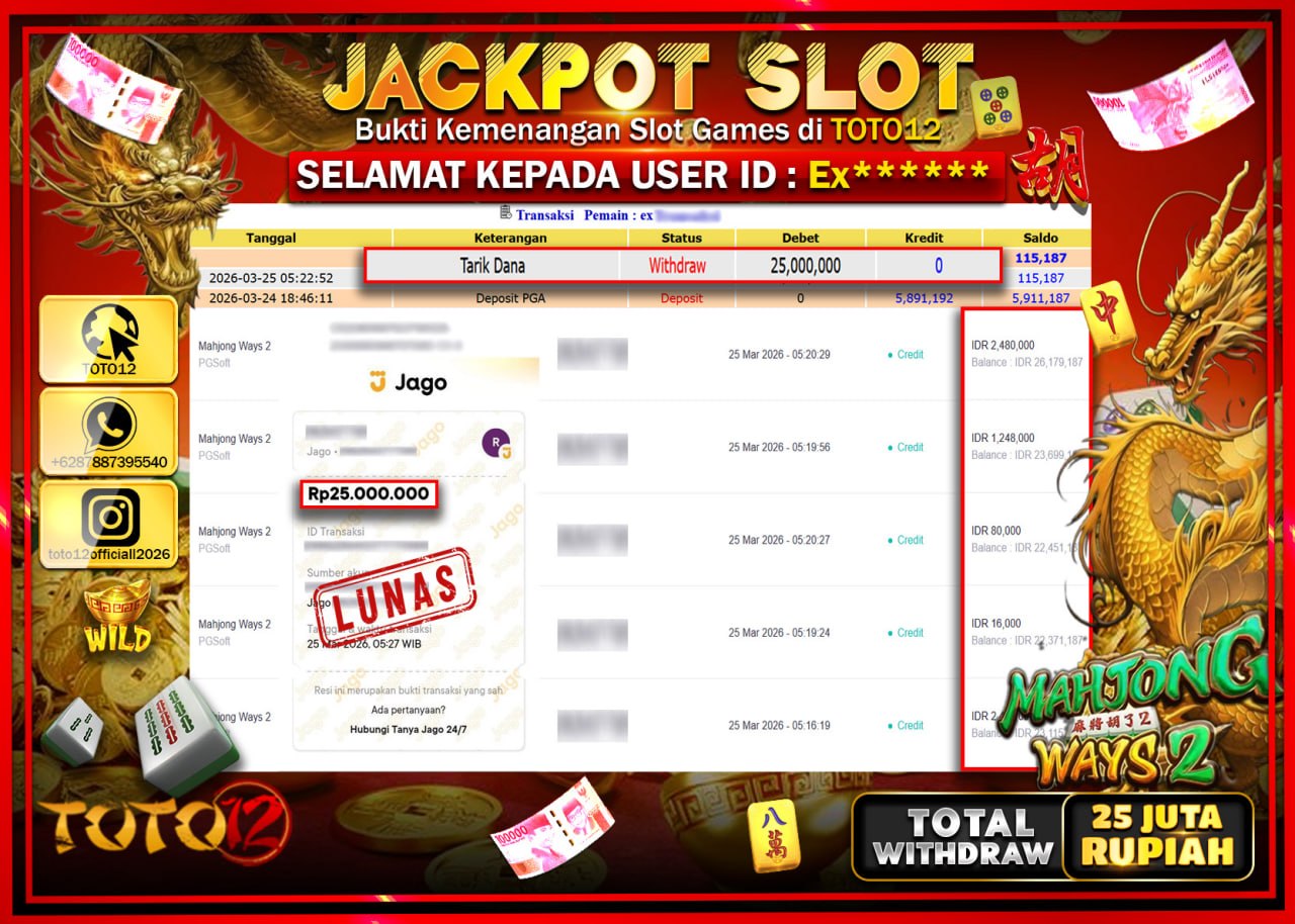 HANYA DI TOTO12 JP PASTI DI BAYAR LUNAS DAN CEPAT!!!!!! JACKPOT SLOT GAME (MAHJONG WAYS 2) Rp.25.000.000!!!!