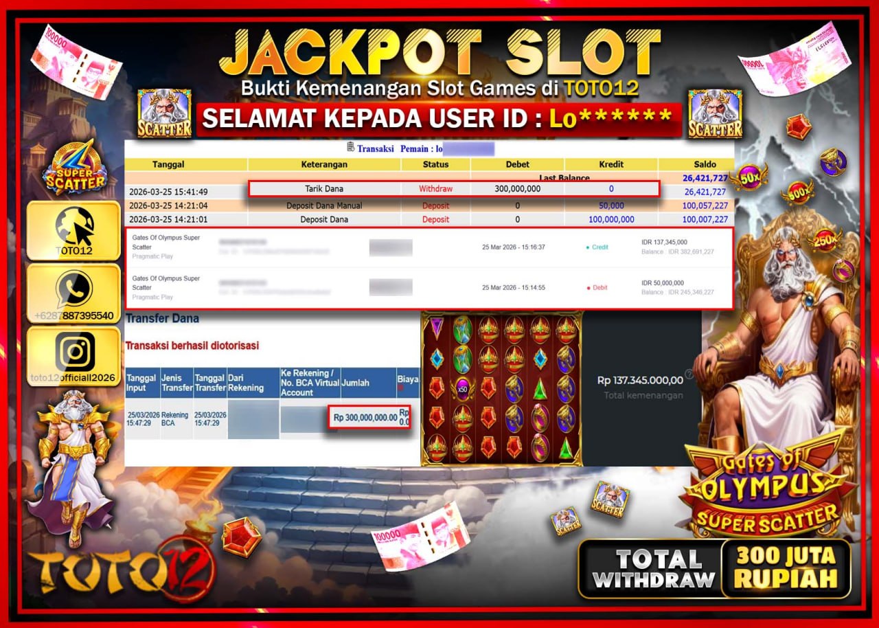 HANYA DI TOTO12 JP PASTI DI BAYAR LUNAS DAN CEPAT!!!!!! JACKPOT SLOT GAME (GATES OF OLYMPUS SUPER SCATTER) Rp.300.000.000!!!!