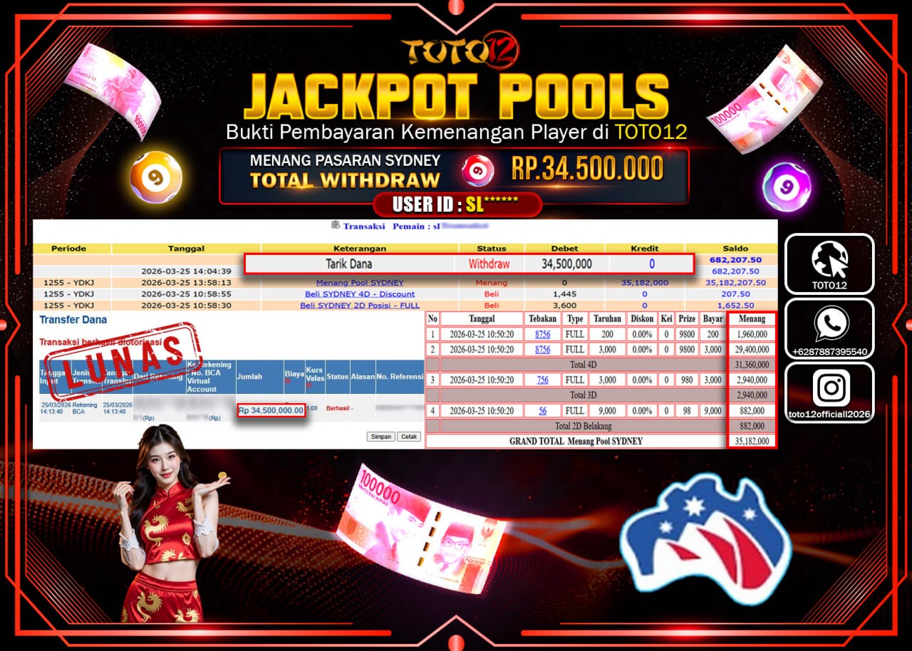 HANYA DI TOTO12 JP PASTI DI BAYAR LUNAS DAN CEPAT!!!!!! JACKPOT POOLS PASARAN (SYDNEY) Rp.34.500.000!!!!