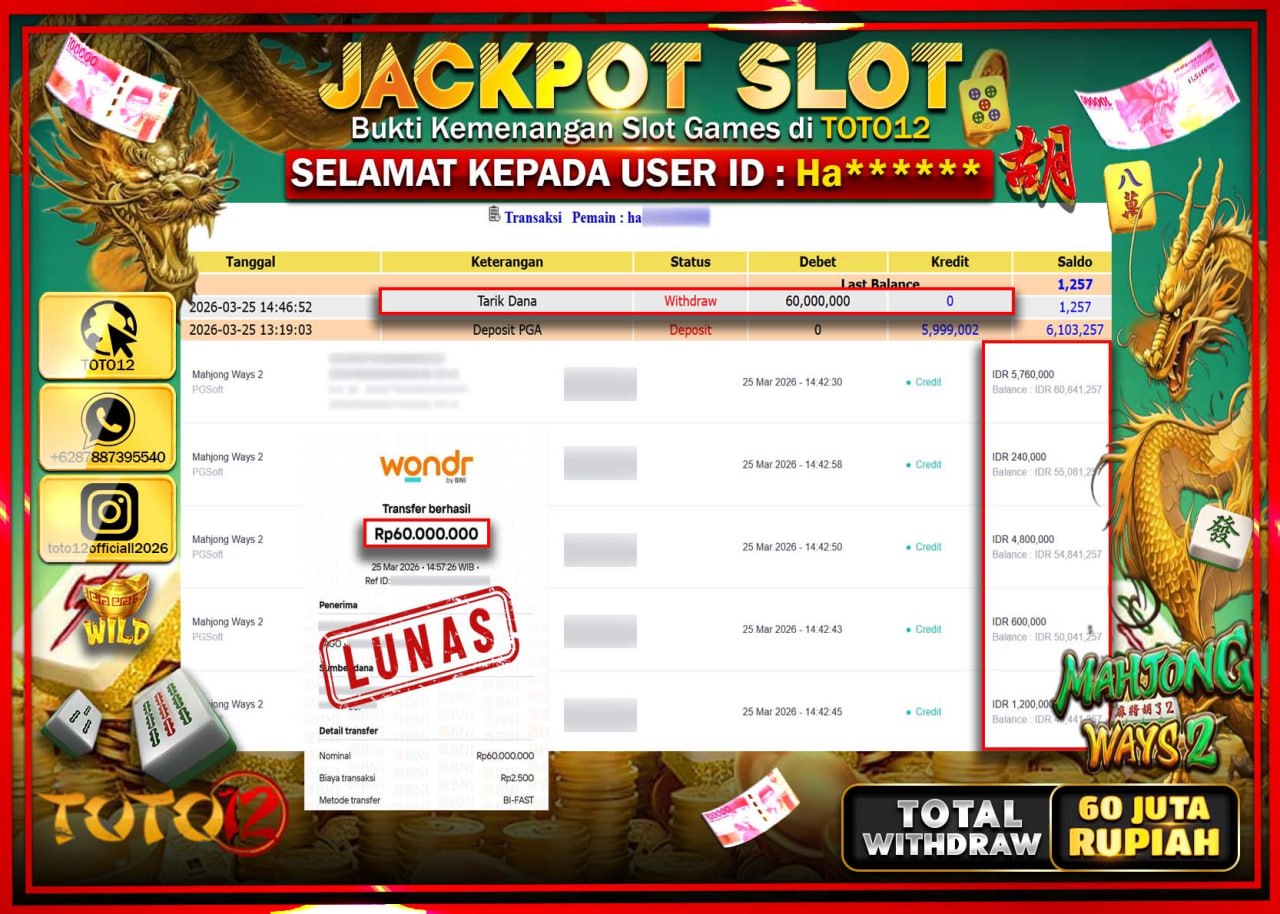 HANYA DI TOTO12 JP PASTI DI BAYAR LUNAS DAN CEPAT!!!!!! JACKPOT SLOT GAME (MAHJONG WAYS 2) Rp.60.000.000!!!!
