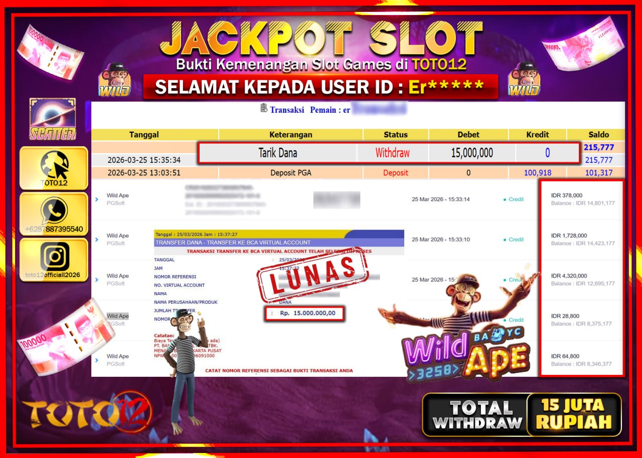 HANYA DI TOTO12 JP PASTI DI BAYAR LUNAS DAN CEPAT!!!!!! JACKPOT SLOT GAME (WILD APE) Rp.15.000.000!!!!