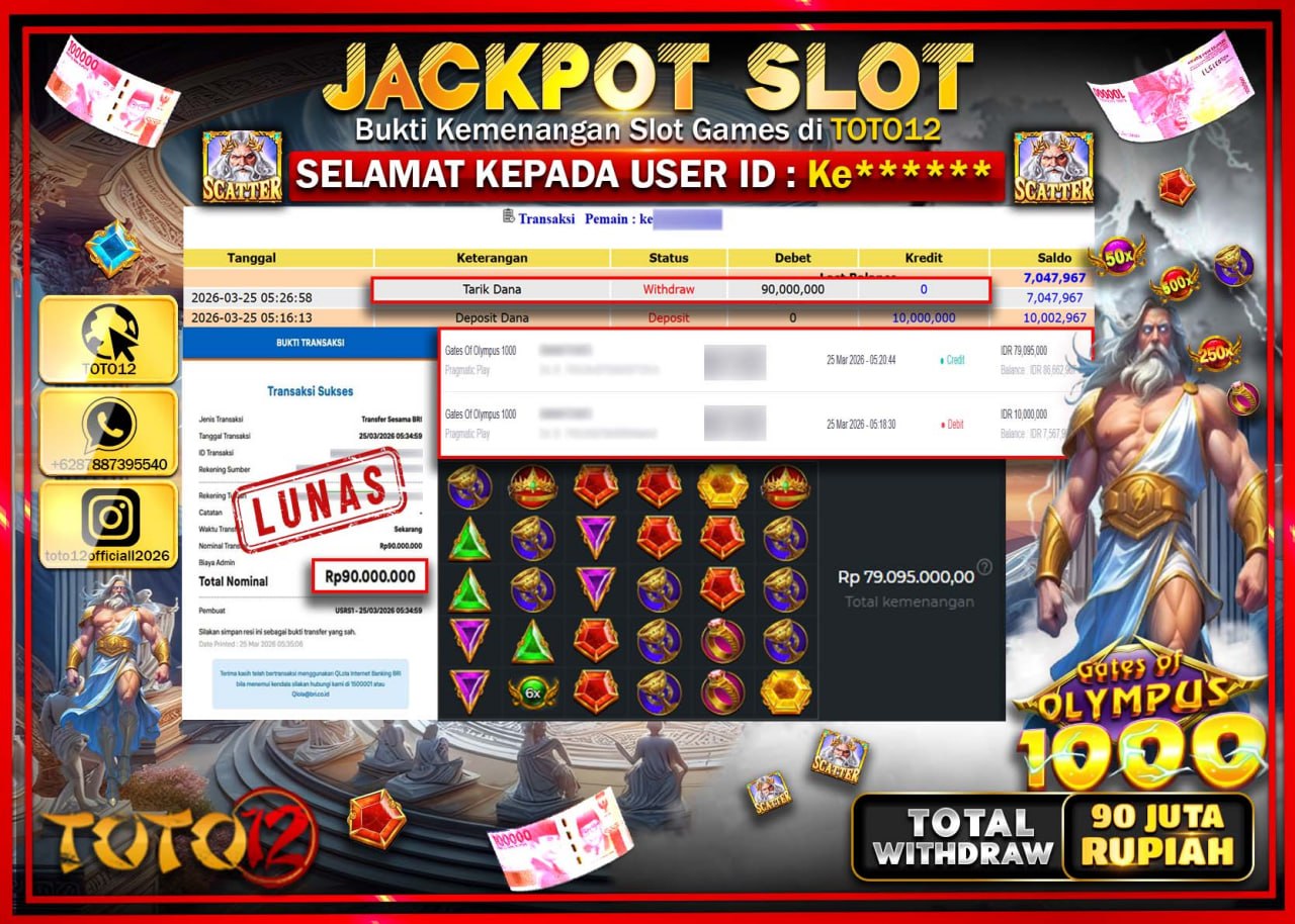 HANYA DI TOTO12 JP PASTI DI BAYAR LUNAS DAN CEPAT!!!!!! JACKPOT SLOT GAME (GATES OF OLYMPUS 1000) Rp.90.000.000!!!!