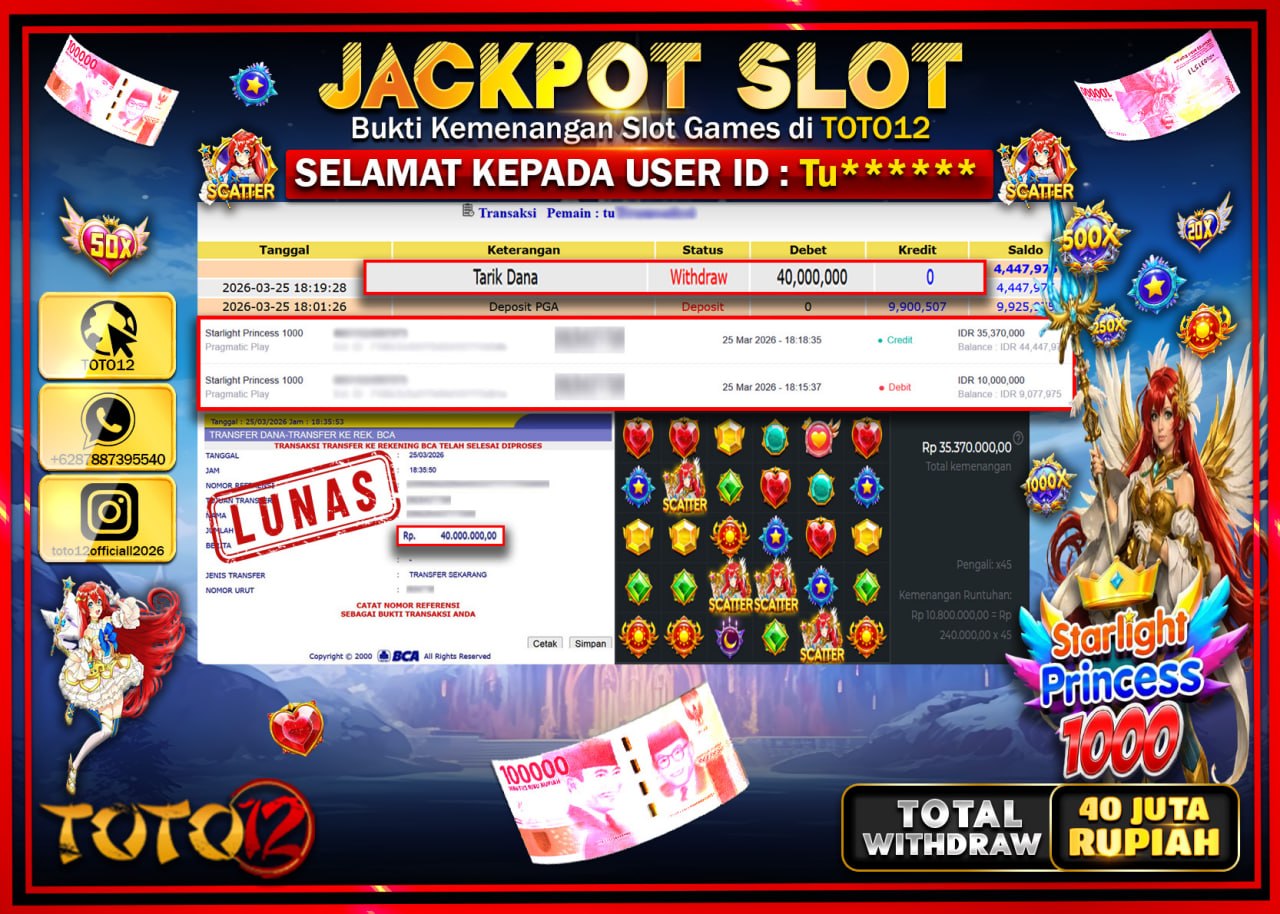 HANYA DI TOTO12 JP PASTI DI BAYAR LUNAS DAN CEPAT!!!!!! JACKPOT SLOT GAME (STARLIGHT PRINCESS 1000) Rp.40.000.000!!!!