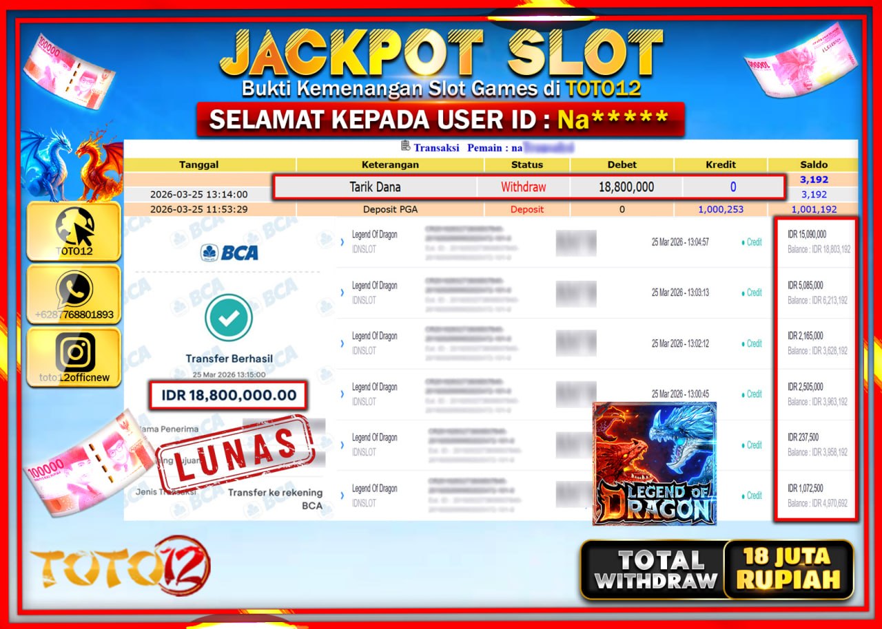 HANYA DI TOTO12 JP PASTI DI BAYAR LUNAS DAN CEPAT!!!!!! JACKPOT SLOT GAME (LEGEND OF DRAGON) Rp.18.800.000!!!!