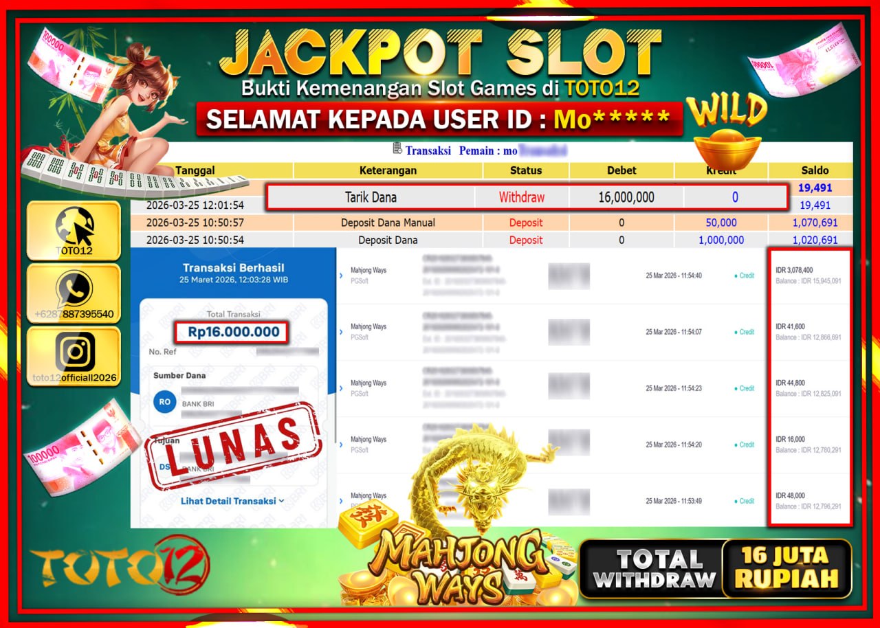 HANYA DI TOTO12 JP PASTI DI BAYAR LUNAS DAN CEPAT!!!!!! JACKPOT SLOT GAME (MAHJONG WAYS) Rp.16.000.000!!!!