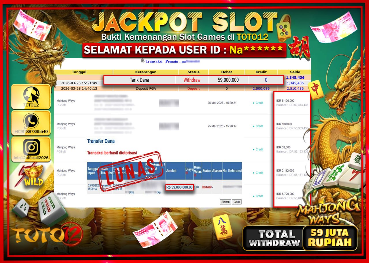 HANYA DI TOTO12 JP PASTI DI BAYAR LUNAS DAN CEPAT!!!!!! JACKPOT SLOT GAME (MAHJONG WAYS) Rp.59.000.000!!!!