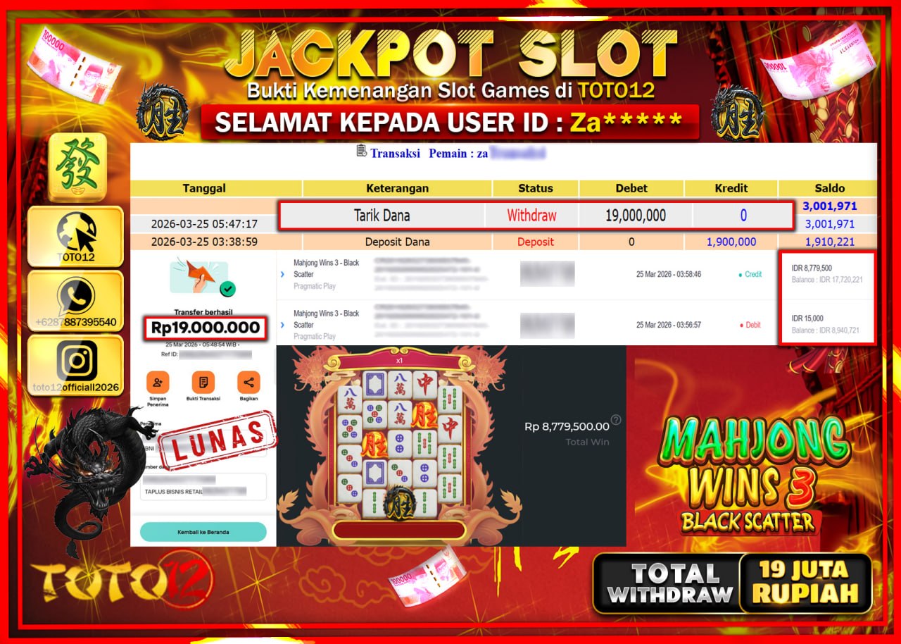 HANYA DI TOTO12 JP PASTI DI BAYAR LUNAS DAN CEPAT!!!!!! JACKPOT SLOT GAME (MAHJONG WINS 3 BLACK SCATTER) Rp.19.000.000!!!!