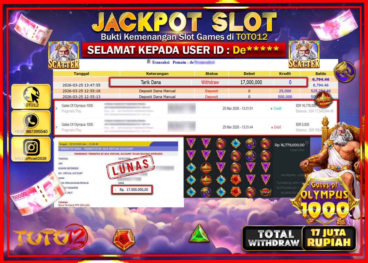 HANYA DI TOTO12 JP PASTI DI BAYAR LUNAS DAN CEPAT!!!!!! JACKPOT SLOT GAME (GATES OLYMPUS 1000) Rp.17.000.000!!!!