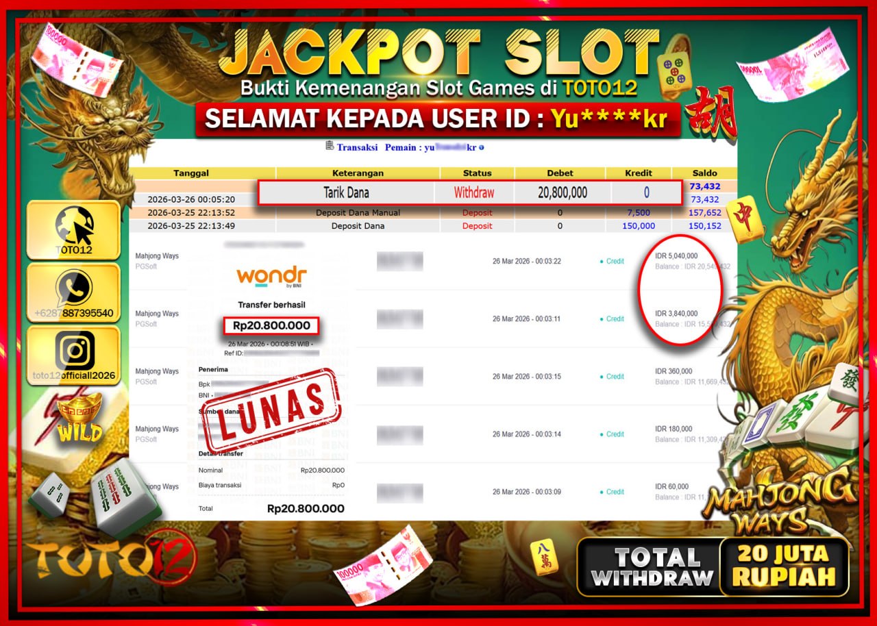 HANYA DI TOTO12 JP PASTI DI BAYAR LUNAS DAN CEPAT!!!!!! JACKPOT SLOT GAME (MAHJONG WAYS) Rp.20.800.000!!!!