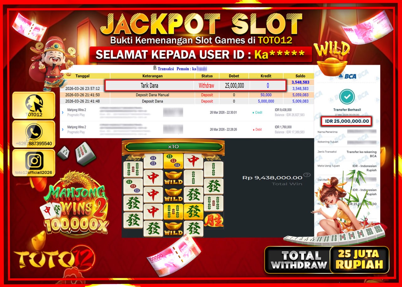 HANYA DI TOTO12 JP PASTI DI BAYAR LUNAS DAN CEPAT!!!!!! JACKPOT SLOT GAME (MAHJONG WINS 2) Rp.25.000.000!!!!