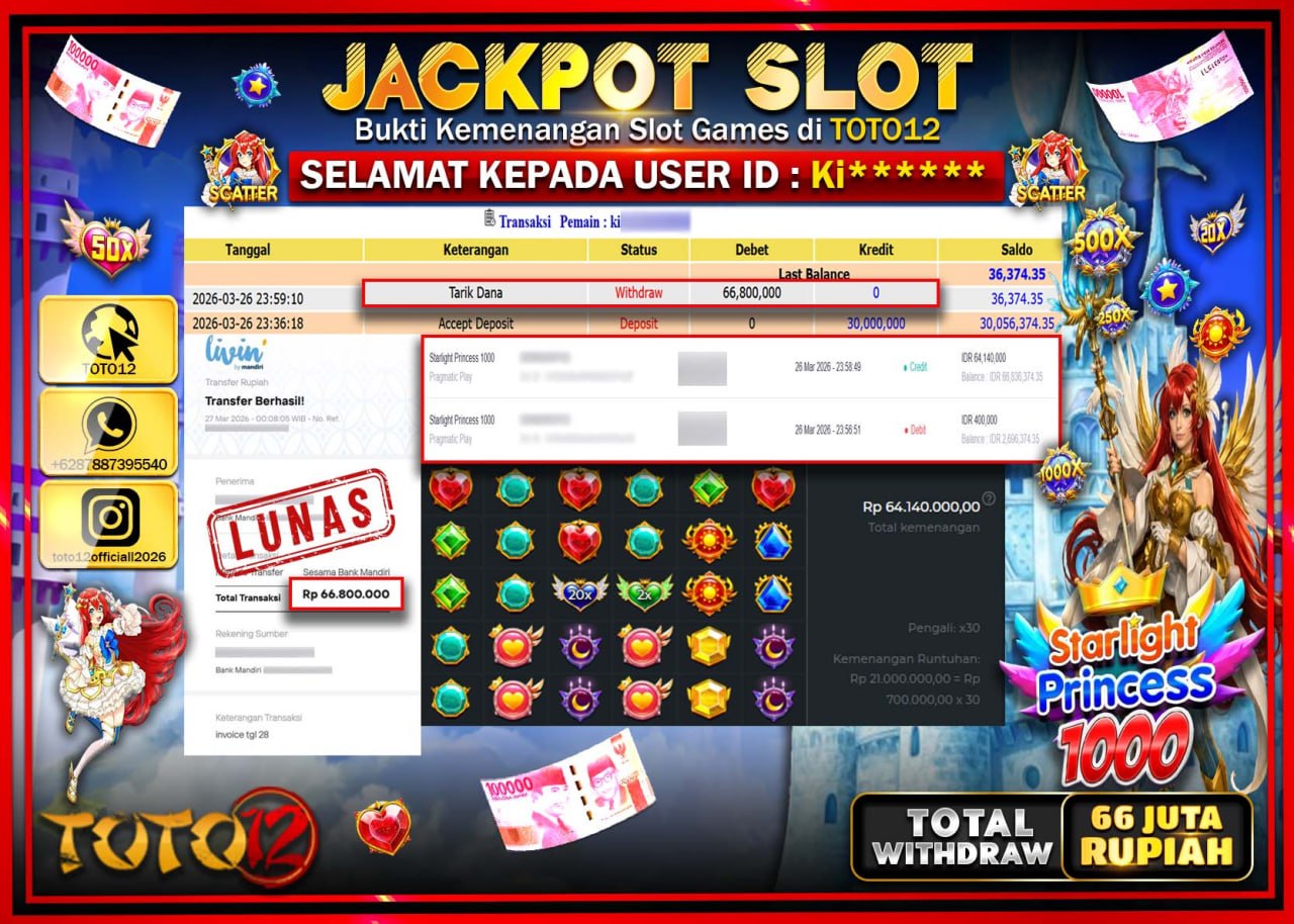 HANYA DI TOTO12 JP PASTI DI BAYAR LUNAS DAN CEPAT!!!!!! JACKPOT SLOT GAME (STARLIGHT PRINCESS 1000) Rp.66.800.000!!!!