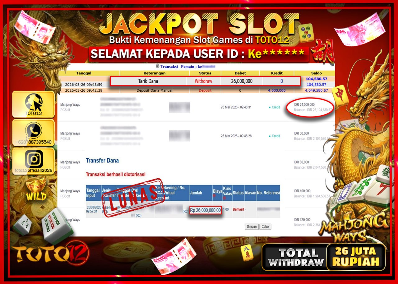 HANYA DI TOTO12 JP PASTI DI BAYAR LUNAS DAN CEPAT!!!!!! JACKPOT SLOT GAME (MAHJONG WAYS) Rp.26.000.000!!!!