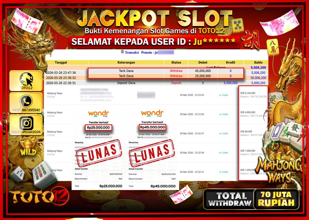 HANYA DI TOTO12 JP PASTI DI BAYAR LUNAS DAN CEPAT!!!!!! JACKPOT SLOT GAME (MAHJONG WAYS) Rp.70.000.000!!!!