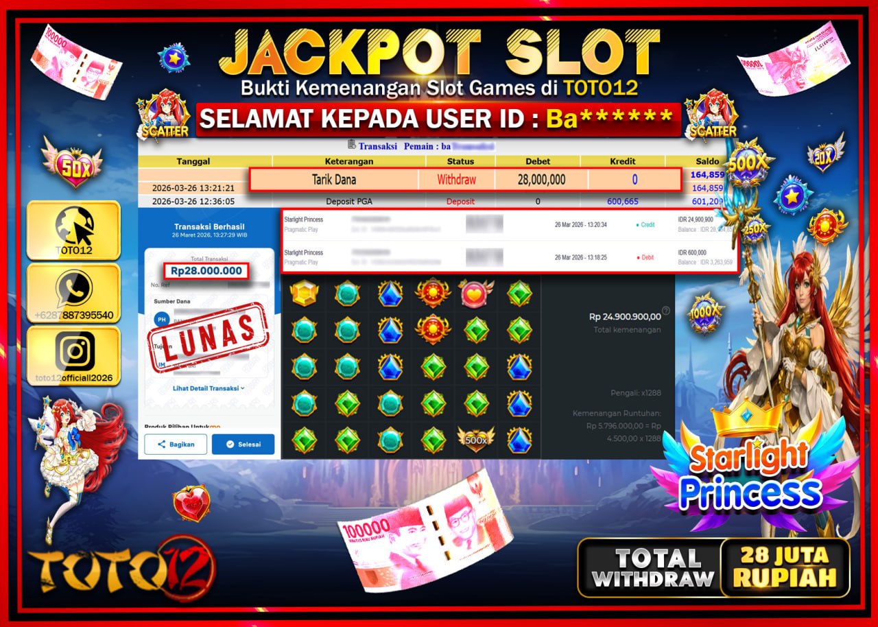 HANYA DI TOTO12 JP PASTI DI BAYAR LUNAS DAN CEPAT!!!!!! JACKPOT SLOT GAME (STARLIGHT PRINCESS ) Rp.28.000.000!!!!