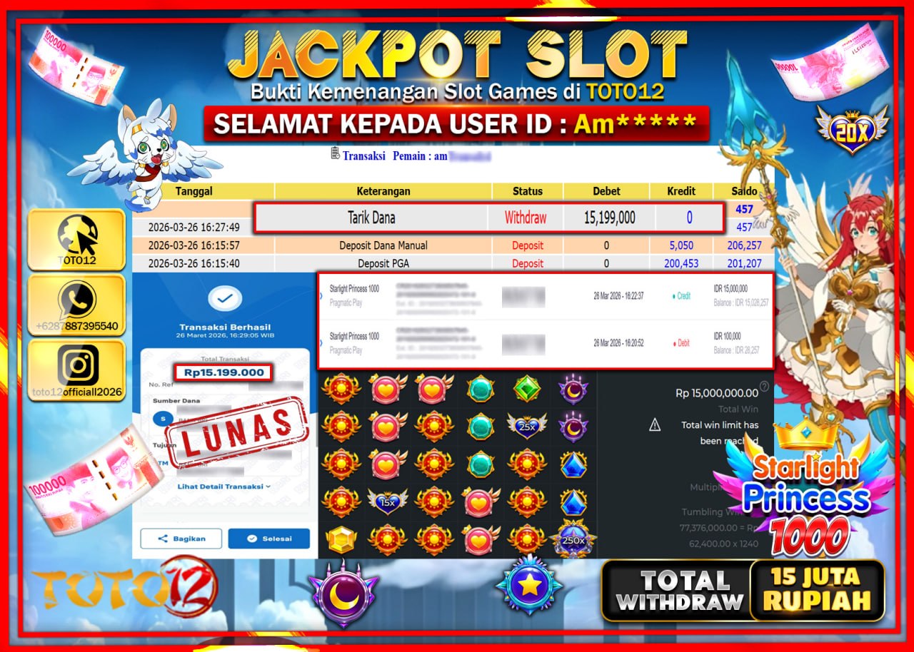 HANYA DI TOTO12 JP PASTI DI BAYAR LUNAS DAN CEPAT!!!!!! JACKPOT SLOT GAME (STARLIGHT PRINCESS 1000) Rp.15.199.000!!!!