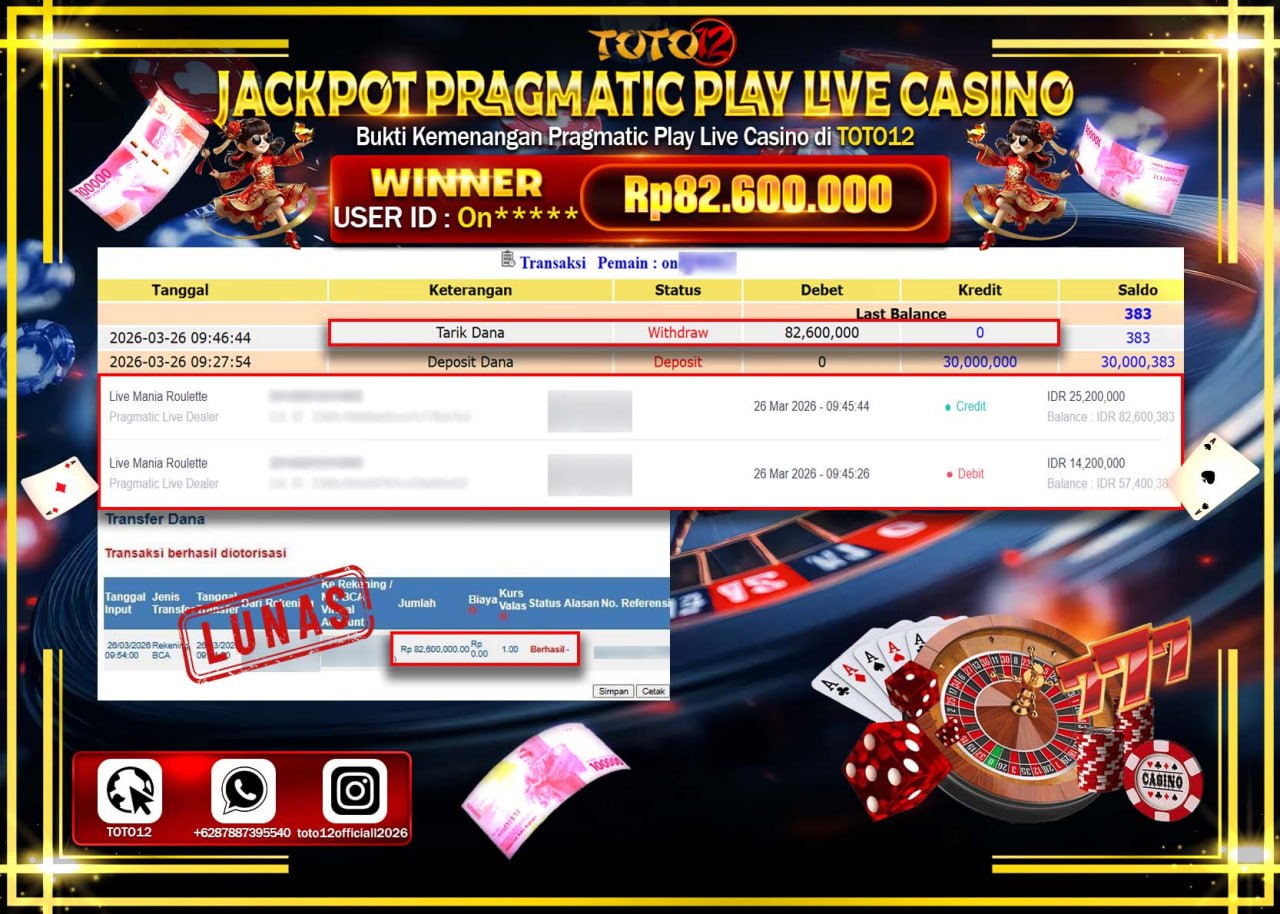 HANYA DI TOTO12 JP PASTI DI BAYAR LUNAS DAN CEPAT!!!!!! JACKPOT PRAGMATIC PLAY LIVE GAME CASINO (LIVE MANIA ROULETTE) Rp.82.600.000!!!!