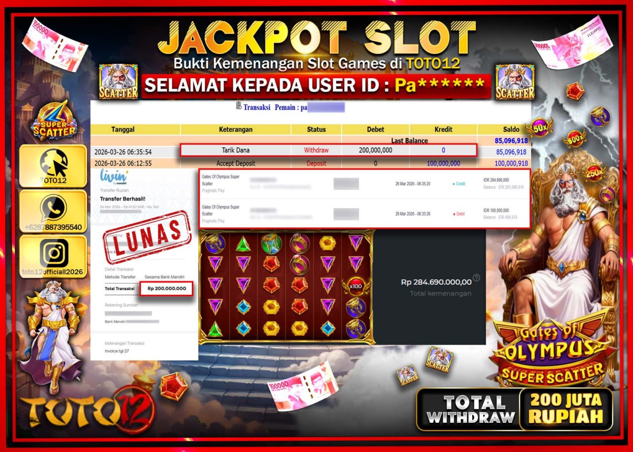 HANYA DI TOTO12 JP PASTI DI BAYAR LUNAS DAN CEPAT!!!!!! JACKPOT SLOT GAME (GATES OF OLYMPUS SUPER SCATTER) Rp.200.000.000!!!!