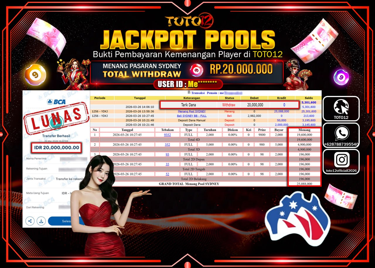 HANYA DI TOTO12 JP PASTI DI BAYAR LUNAS DAN CEPAT!!!!!! JACKPOT POOLS PASARAN (SYDNEY) Rp.20.000.000!!!!