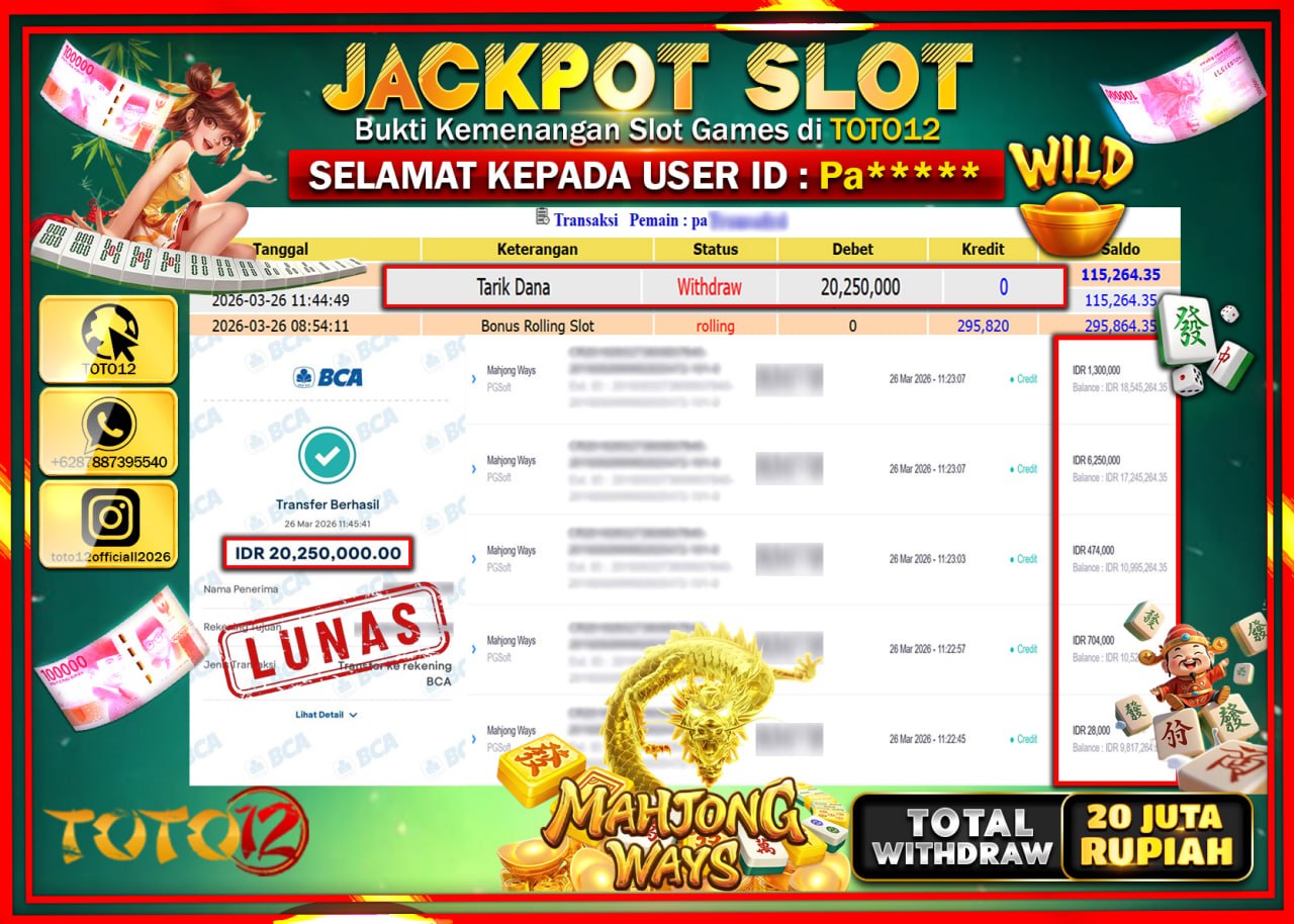 HANYA DI TOTO12 JP PASTI DI BAYAR LUNAS DAN CEPAT!!!!!! JACKPOT SLOT GAME (MAHJONG WAYS) Rp.20.250.000!!!!