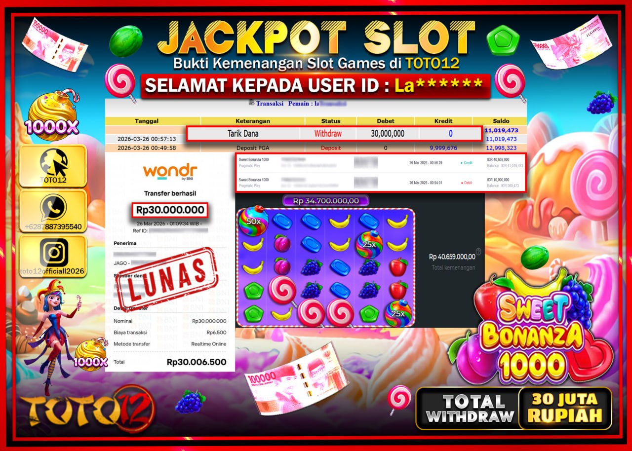 HANYA DI TOTO12 JP PASTI DI BAYAR LUNAS DAN CEPAT!!!!!! JACKPOT SLOT GAME (SWEET BONANZA 1000) Rp.30.000.000!!!!