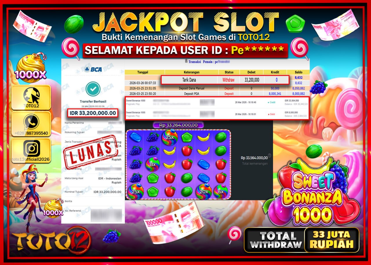 HANYA DI TOTO12 JP PASTI DI BAYAR LUNAS DAN CEPAT!!!!!! JACKPOT SLOT GAME (SWEET BONANZA1000) Rp.33.200.000!!!!