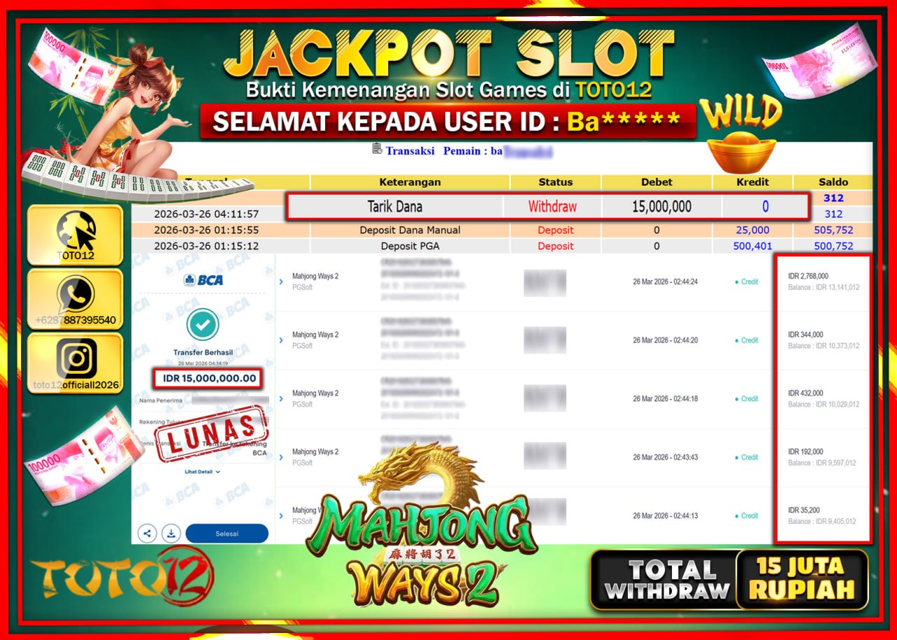 HANYA DI TOTO12 JP PASTI DI BAYAR LUNAS DAN CEPAT!!!!!! JACKPOT SLOT GAME (MAHJONG WAYS 2) Rp.15.000.000!!!!