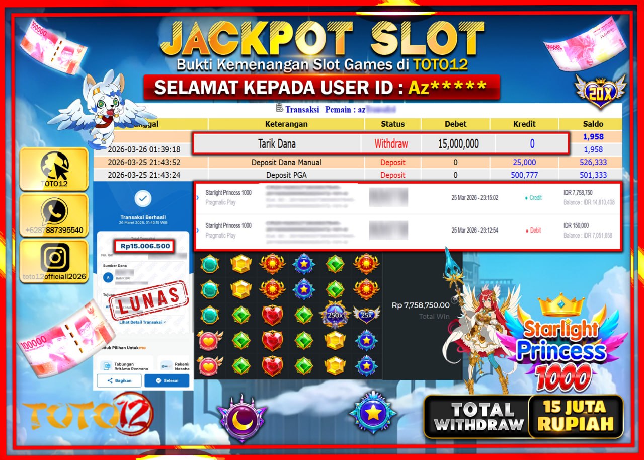 HANYA DI TOTO12 JP PASTI DI BAYAR LUNAS DAN CEPAT!!!!!! JACKPOT SLOT GAME (STARLIGHT PRINCESS 1000) Rp.15.000.000!!!!