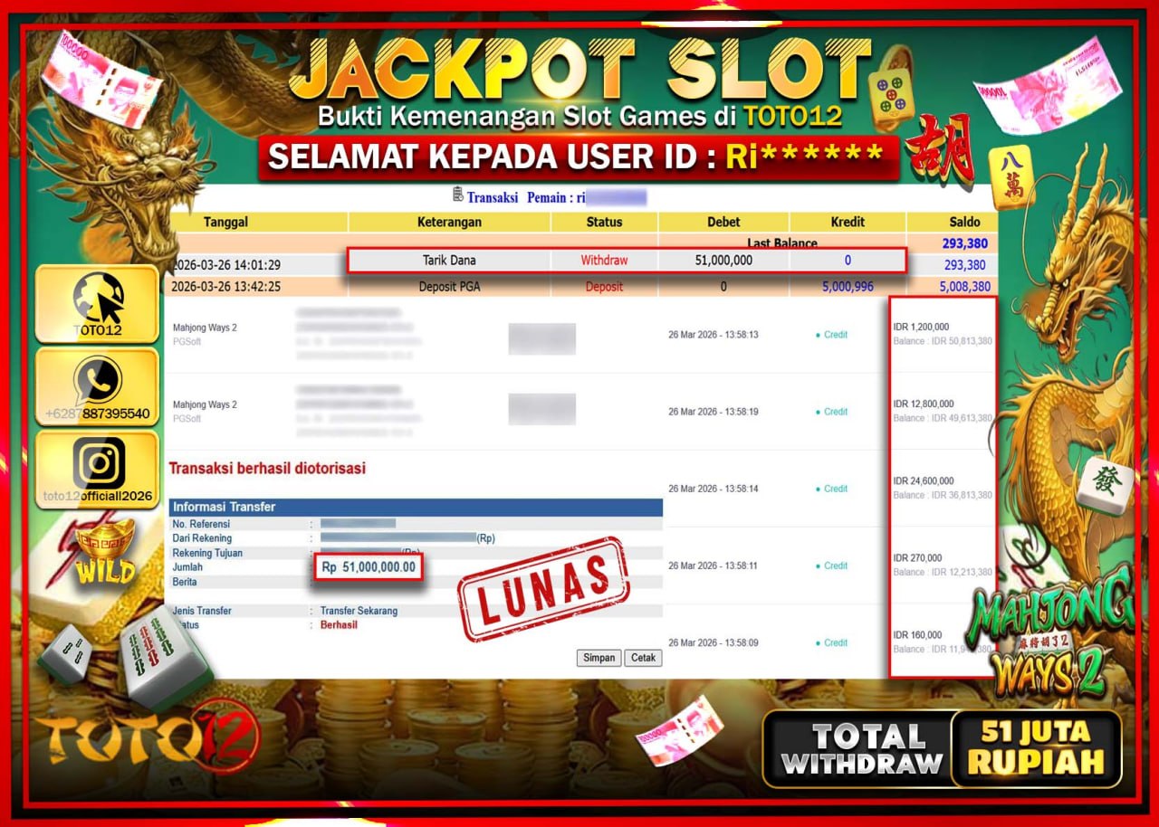 HANYA DI TOTO12 JP PASTI DI BAYAR LUNAS DAN CEPAT!!!!!! JACKPOT SLOT GAME (MAHJONG WAYS 2) Rp.51.000.000!!!!