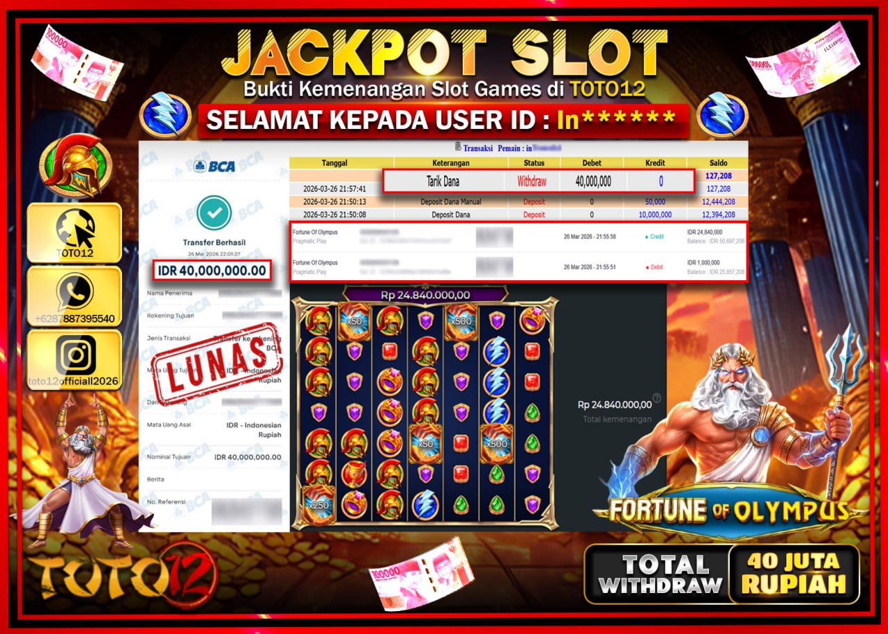 HANYA DI TOTO12 JP PASTI DI BAYAR LUNAS DAN CEPAT!!!!!! JACKPOT SLOT GAME (FORTUNE OF OLYMPUS) Rp.40.000.000!!!!