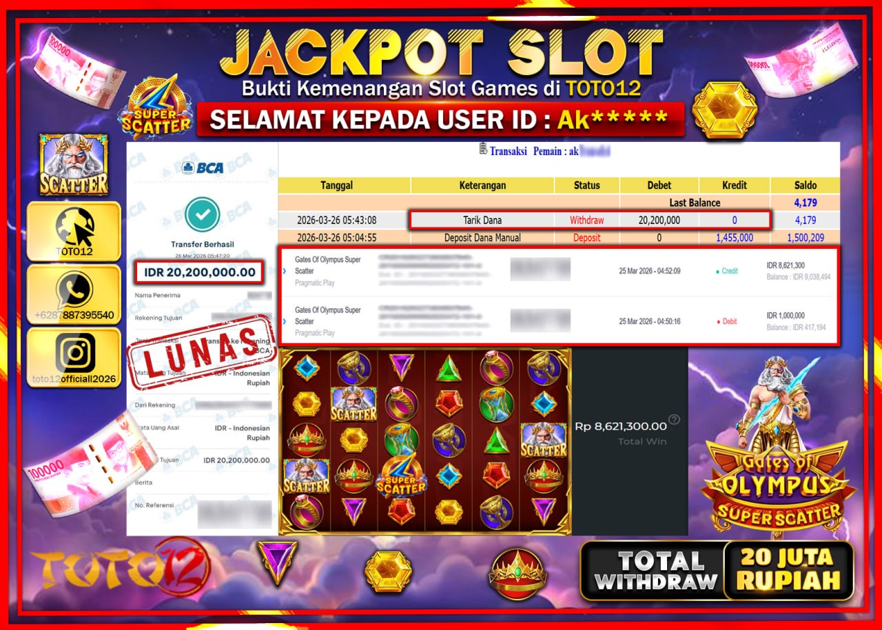 HANYA DI TOTO12 JP PASTI DI BAYAR LUNAS DAN CEPAT!!!!!! JACKPOT SLOT GAME (GATES OF OLYMPUS SUPER SCATTER) Rp.20.200.000!!!!