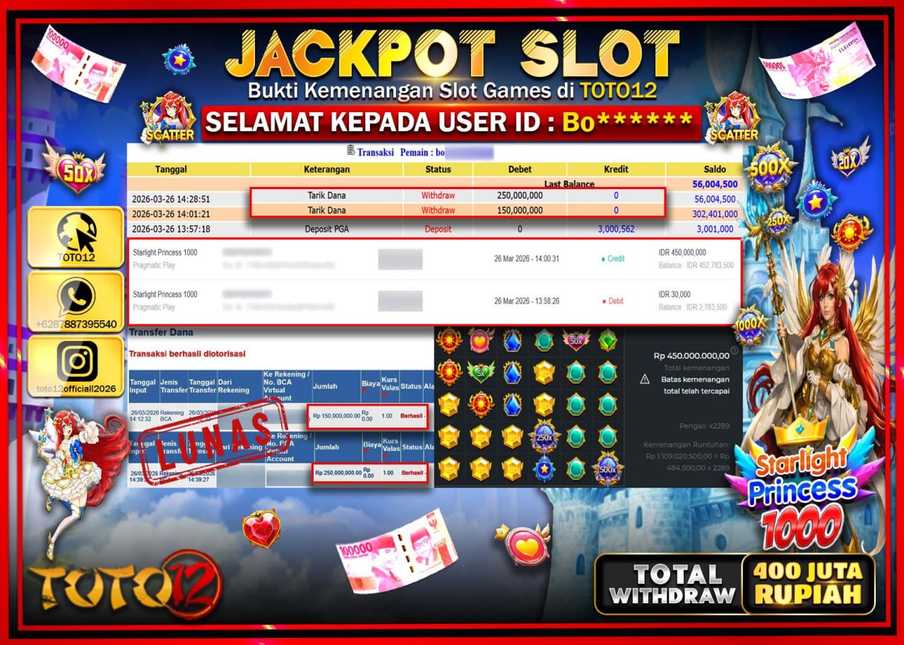 HANYA DI TOTO12 JP PASTI DI BAYAR LUNAS DAN CEPAT!!!!!! JACKPOT SLOT GAME (STARLIGHT PRINCESS 1000) Rp.400.000.000!!!!