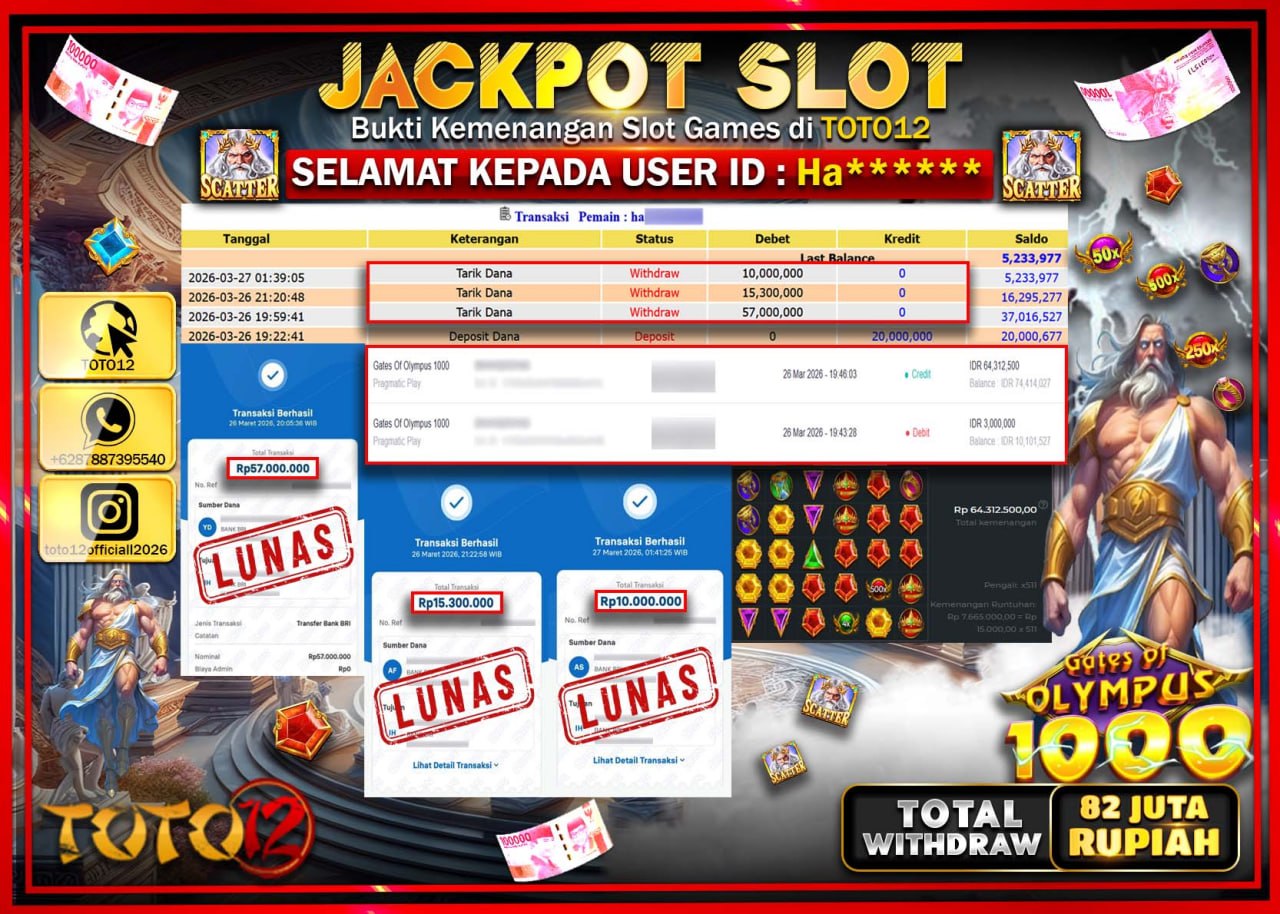 HANYA DI TOTO12 JP PASTI DI BAYAR LUNAS DAN CEPAT!!!!!! JACKPOT SLOT GAME (GATES OF OLYMPUS 1000) Rp.82.000.000!!!!