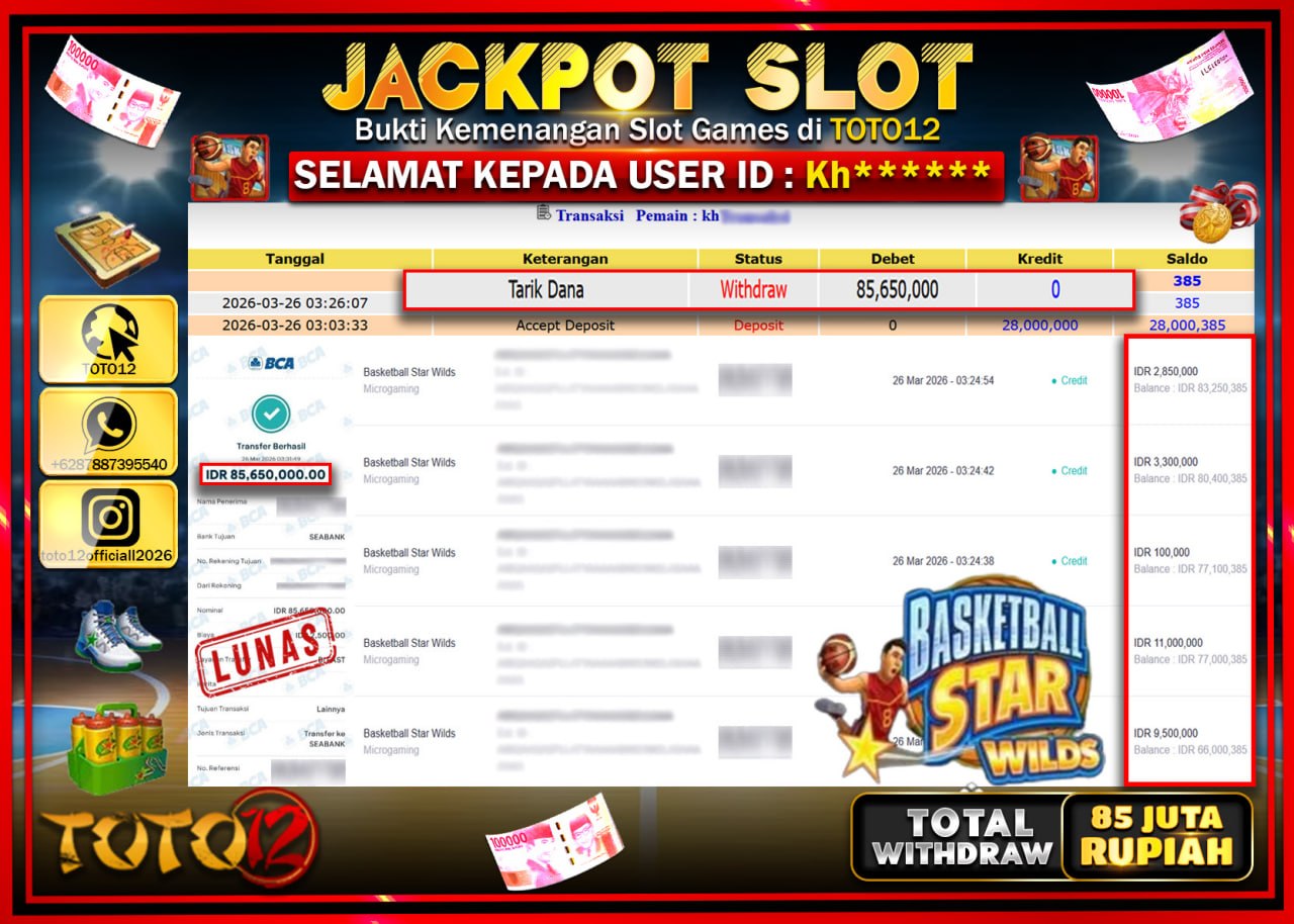 HANYA DI TOTO12 JP PASTI DI BAYAR LUNAS DAN CEPAT!!!!!! JACKPOT SLOT GAME (BASKETBALL STAR WILDS) Rp.85.650.000!!!!