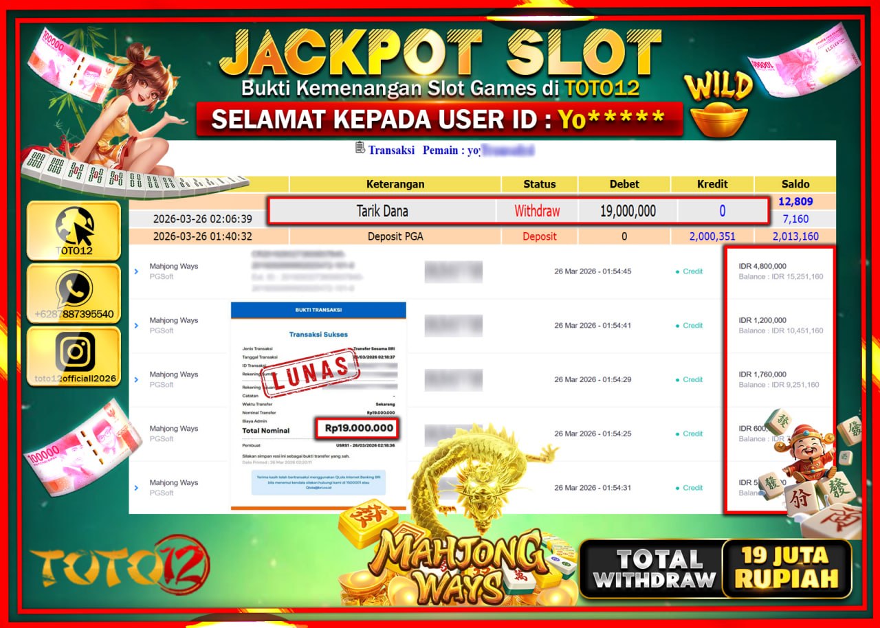 HANYA DI TOTO12 JP PASTI DI BAYAR LUNAS DAN CEPAT!!!!!! JACKPOT SLOT GAME (MAHJONG WAYS) Rp.19.000.000!!!!