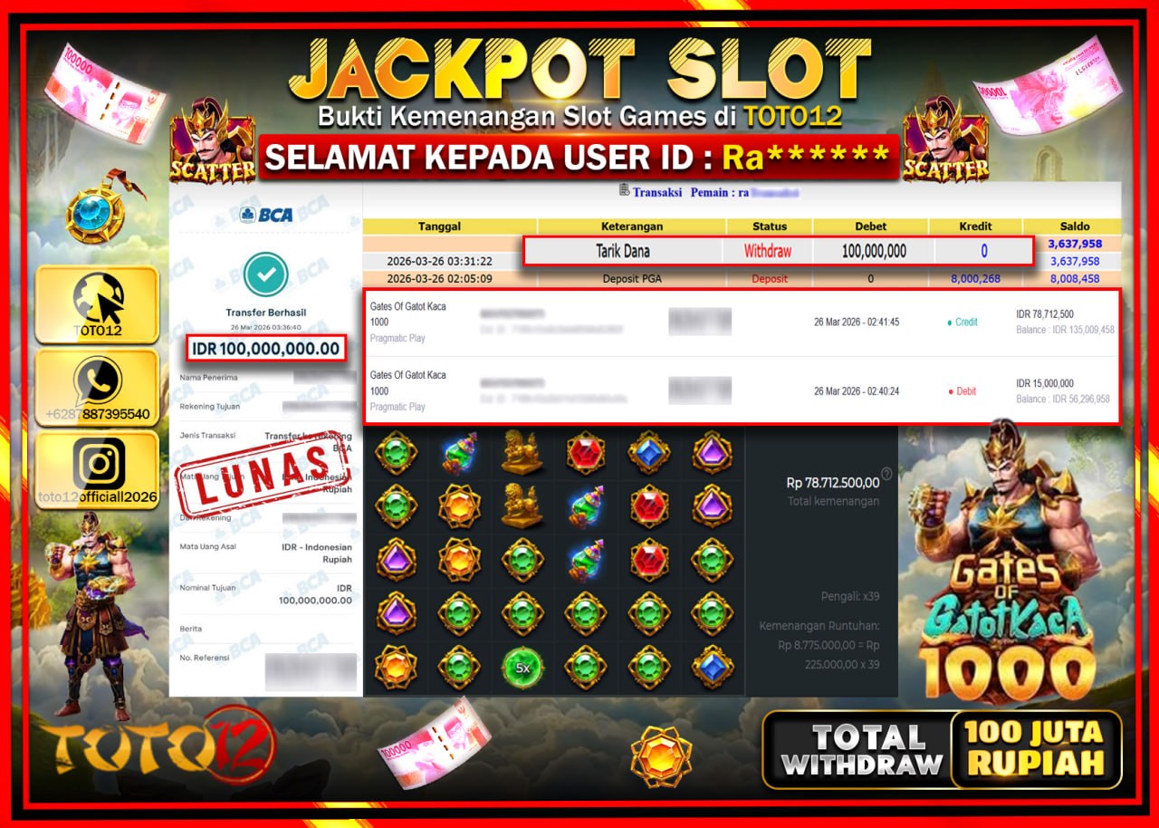 HANYA DI TOTO12 JP PASTI DI BAYAR LUNAS DAN CEPAT!!!!!! JACKPOT SLOT GAME (GATES OF GATOTKACA 1000) Rp.100.000.000!!!!
