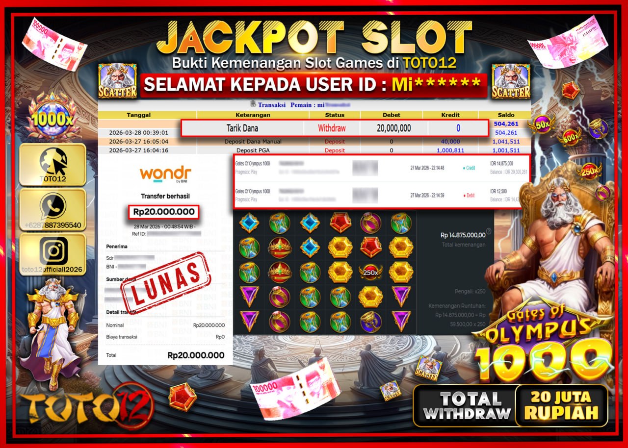 HANYA DI TOTO12 JP PASTI DI BAYAR LUNAS DAN CEPAT!!!!!! JACKPOT SLOT GAME (GATES OF OLYMPUS 1000) Rp.20.000.000!!!!