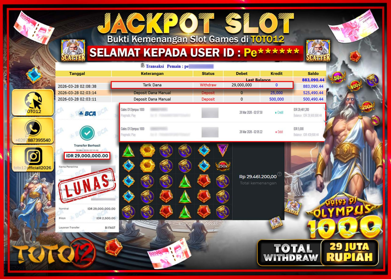 HANYA DI TOTO12 JP PASTI DI BAYAR LUNAS DAN CEPAT!!!!!! JACKPOT SLOT GAME (GATES OF OLYMPUS 1000) Rp.29.000.000!!!!