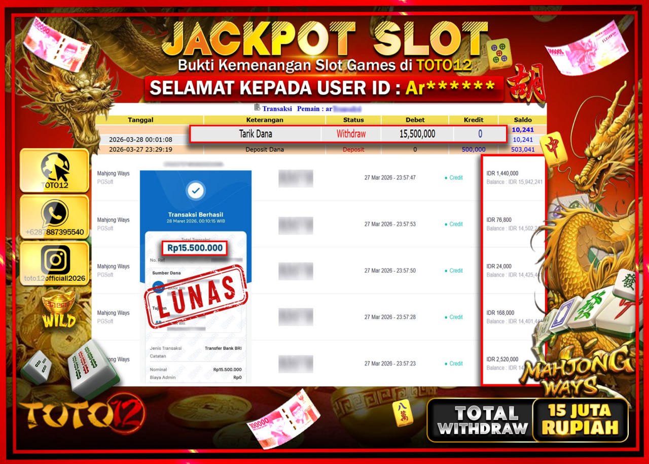 HANYA DI TOTO12 JP PASTI DI BAYAR LUNAS DAN CEPAT!!!!!! JACKPOT SLOT GAME (MAHJONG WAYS) Rp.15.500.000!!!!