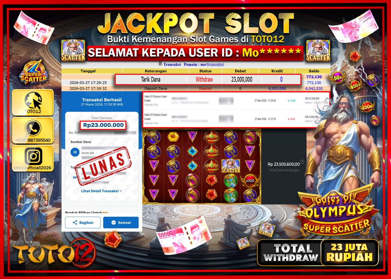 HANYA DI TOTO12 JP PASTI DI BAYAR LUNAS DAN CEPAT!!!!!! JACKPOT SLOT GAME (GATES OF OLYMPUS SUPER SCATTER) Rp.23.000.000!!!!