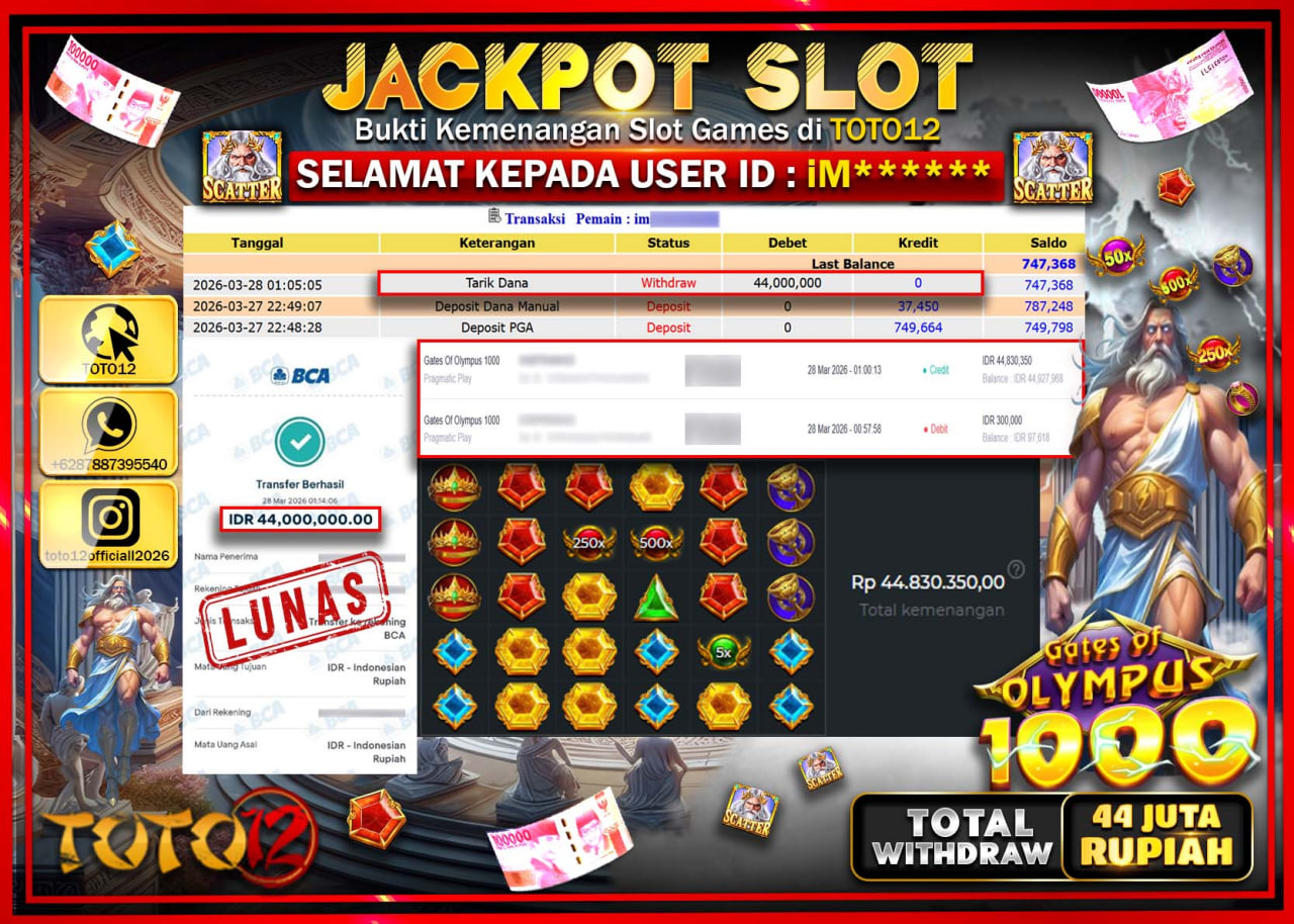 HANYA DI TOTO12 JP PASTI DI BAYAR LUNAS DAN CEPAT!!!!!! JACKPOT SLOT GAME (GATES OF OLYMPUS 1000) Rp.44.000.000!!!!