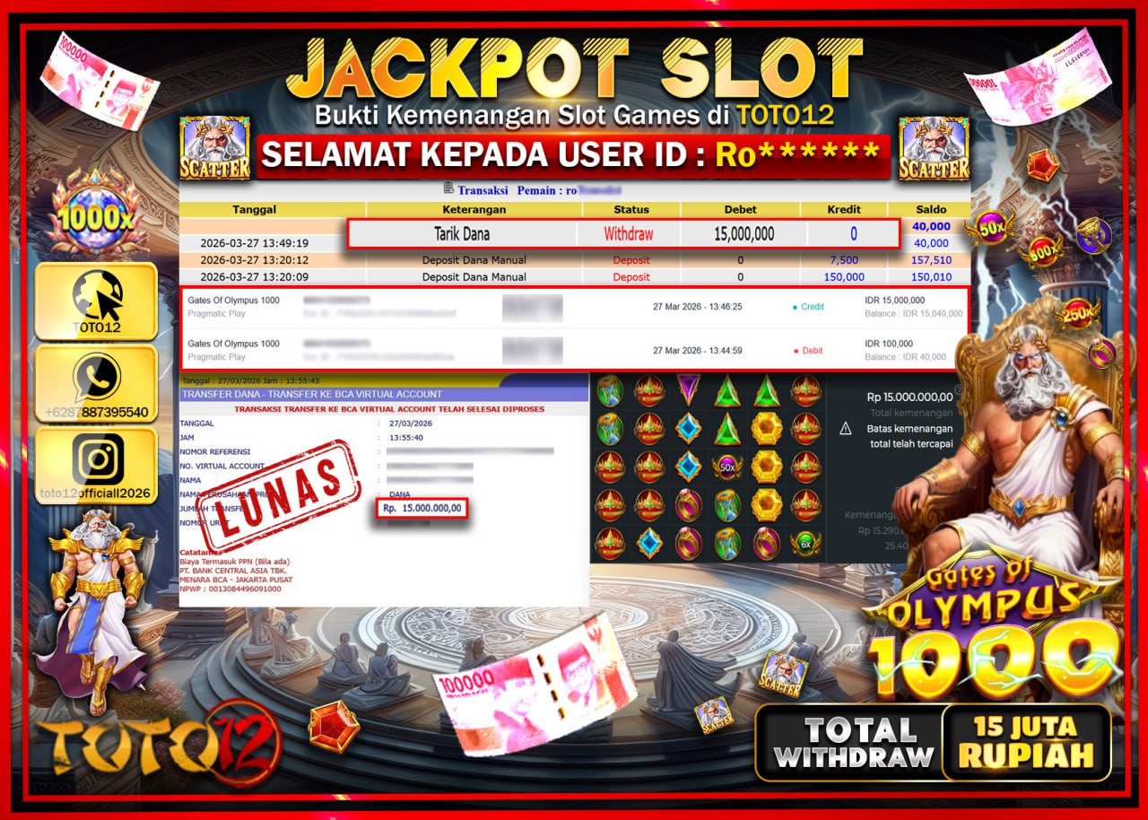 HANYA DI TOTO12 JP PASTI DI BAYAR LUNAS DAN CEPAT!!!!!! JACKPOT SLOT GAME (GATES OF OLYMPUS 1000) Rp.15.000.000!!!!
