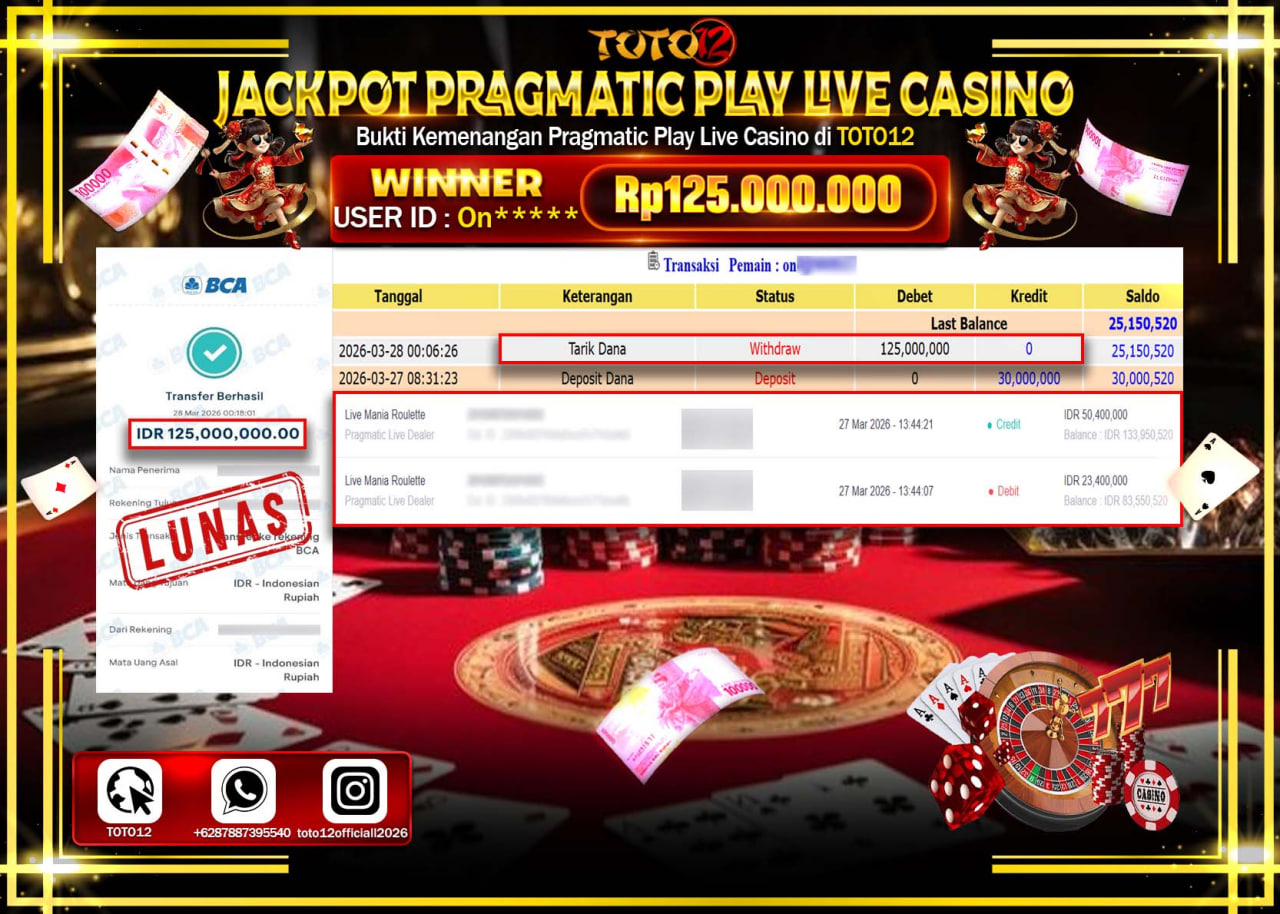 HANYA DI TOTO12 JP PASTI DI BAYAR LUNAS DAN CEPAT!!!!!! JACKPOT PRAGMATIC PLAY LIVE CASINO(MANIA ROULETTE) Rp.125.000.000!!!!