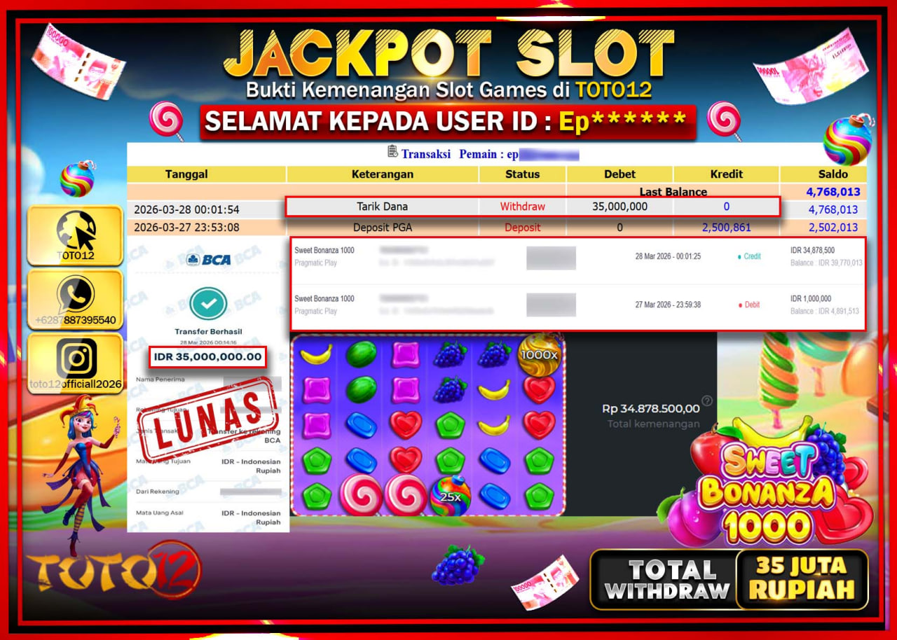 HANYA DI TOTO12 JP PASTI DI BAYAR LUNAS DAN CEPAT!!!!!! JACKPOT SLOT GAME (SWEET BONANZA 1000) Rp.35.000.000!!!!