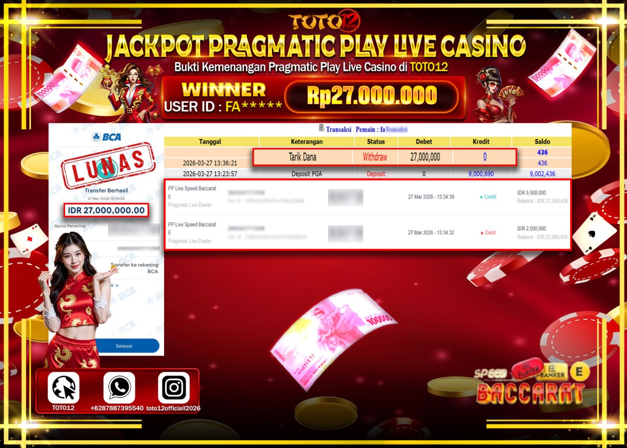 HANYA DI TOTO12 JP PASTI DI BAYAR LUNAS DAN CEPAT!!!!!! JACKPOT PRAGMATIC PLAY LIVE CASINO(SPEED BACCARAT E) Rp.27.000.000!!!!