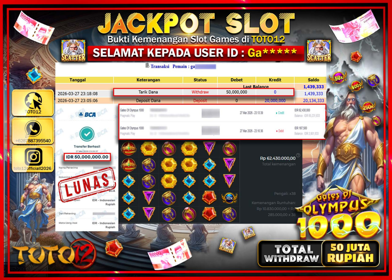 HANYA DI TOTO12 JP PASTI DI BAYAR LUNAS DAN CEPAT!!!!!! JACKPOT SLOT GAME (GATES OF OLYMPUS 1000) Rp.50.000.000!!!!