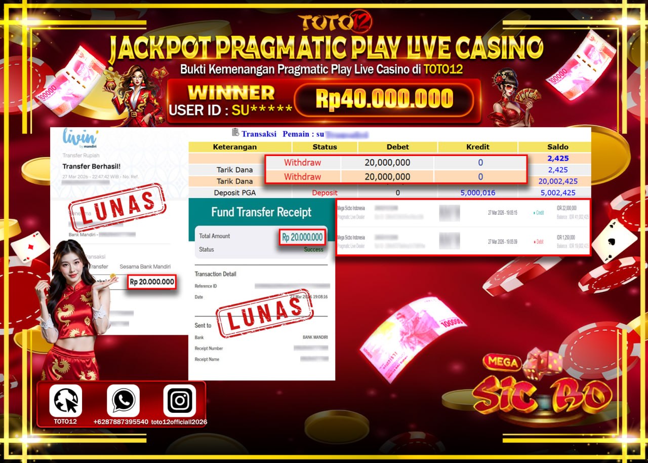 HANYA DI TOTO12 JP PASTI DI BAYAR LUNAS DAN CEPAT!!!!!! JACKPOT PRAGMATIC PLAY LIVE CASINO(MEGA SIC BO) Rp.40.000.000!!!!