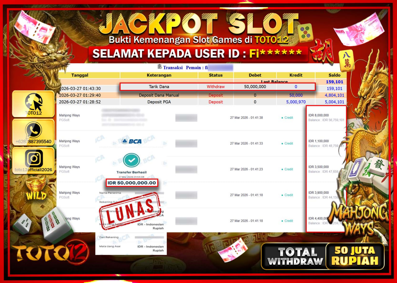 HANYA DI TOTO12 JP PASTI DI BAYAR LUNAS DAN CEPAT!!!!!! JACKPOT SLOT GAME (MAHJONG WAYS) Rp.50.000.000!!!!